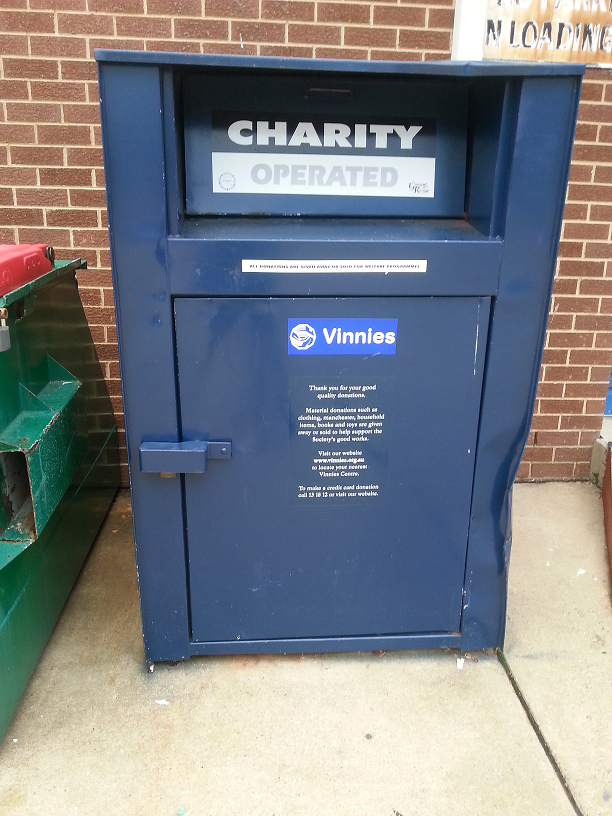 Charity bin located outside of St Vincent de Paul