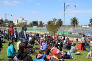 The crowd packed in on Brocky's Hill, over looking the Albert Park Lake.
