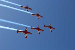 The RAAF Roulette's swing low overhead, putting on a show for the thousands of fans at the Grand Prix