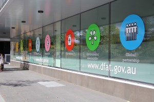 Paintings on the exterior of a Department of Foreign Affairs building, publicising the Millenium Development Goals set out by the OECD.