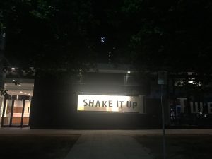 The 'Shake It Up' window display at New Acton advertising the theme of Art, Not Apart, 2017. 