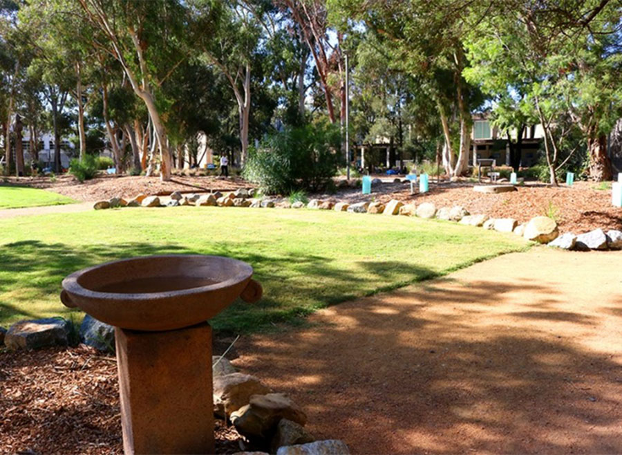 Ngunnawal garden view with birdbath in left foreground